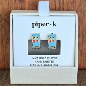 Cherry Blue Enamel Gold Plated Huggie Earrings By Piper K - NIB